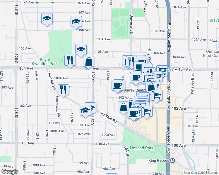 map of restaurants, bars, coffee shops, grocery stores, and more near in Surrey