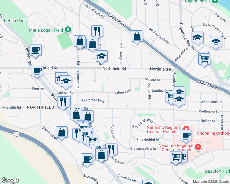 map of restaurants, bars, coffee shops, grocery stores, and more near 1835 Latimer Road in Nanaimo