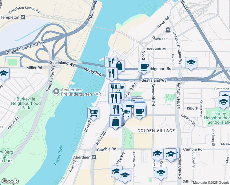map of restaurants, bars, coffee shops, grocery stores, and more near 3280 Corvette Way in Richmond