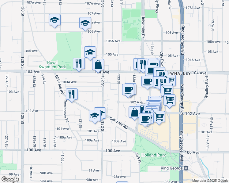 map of restaurants, bars, coffee shops, grocery stores, and more near 10289 133 Street in Surrey
