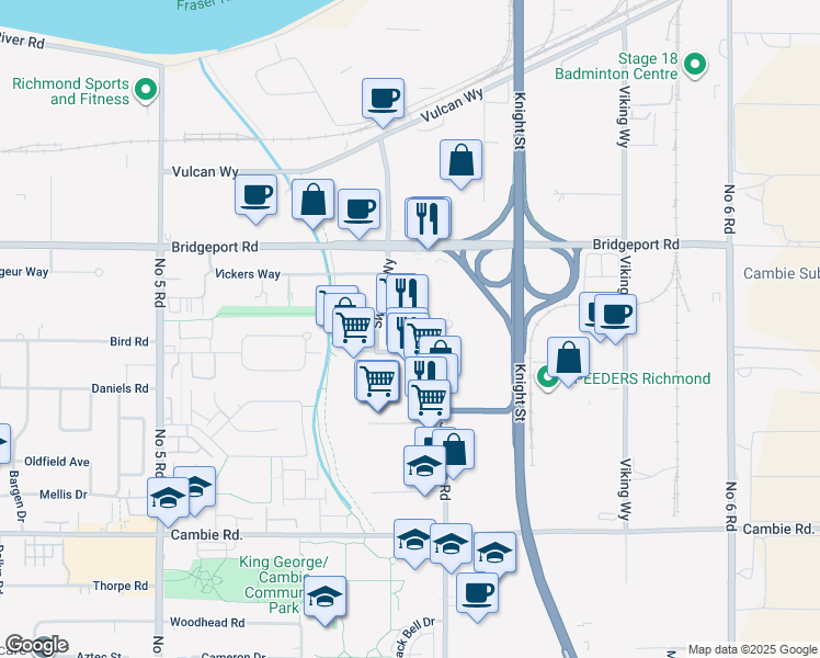 map of restaurants, bars, coffee shops, grocery stores, and more near in Richmond
