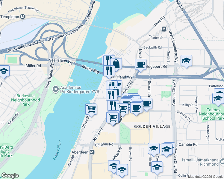 map of restaurants, bars, coffee shops, grocery stores, and more near 3280 Corvette Way in Richmond