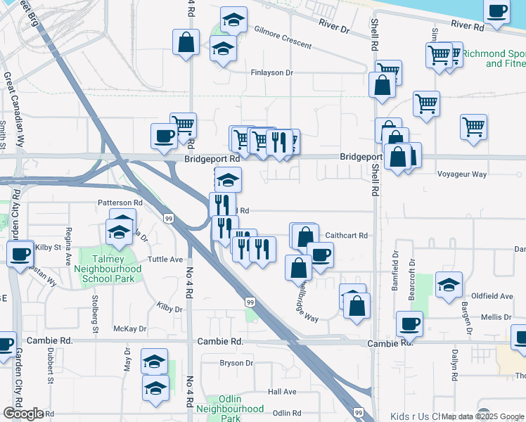 map of restaurants, bars, coffee shops, grocery stores, and more near Bird Road in Richmond