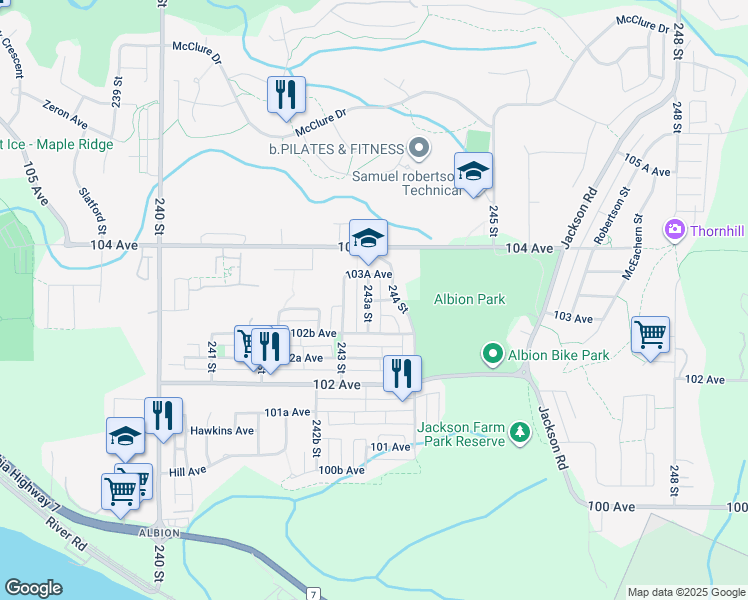map of restaurants, bars, coffee shops, grocery stores, and more near 10322 243A Street in Maple Ridge