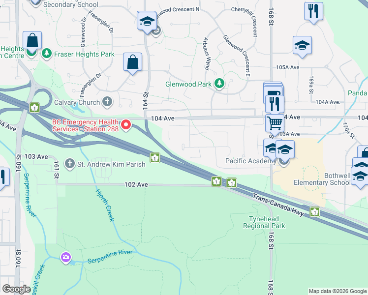 map of restaurants, bars, coffee shops, grocery stores, and more near 16483 103 Avenue in Surrey