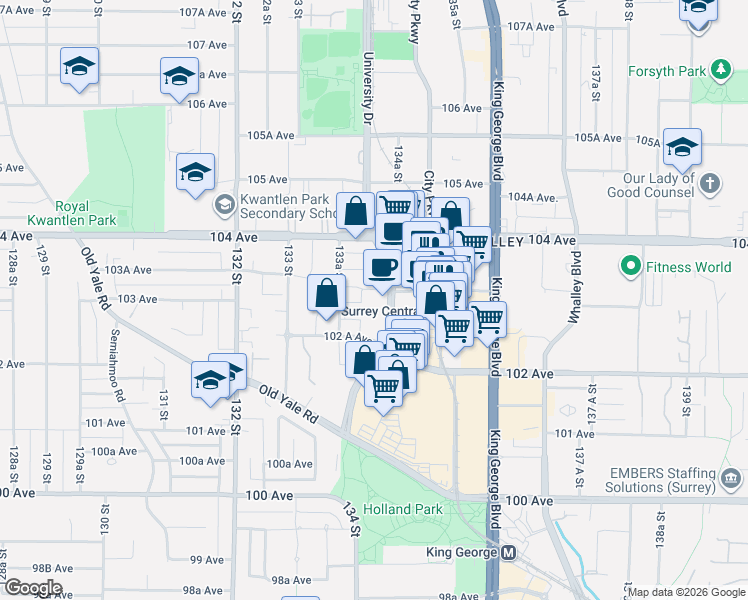 map of restaurants, bars, coffee shops, grocery stores, and more near 13438 Central Avenue in Surrey