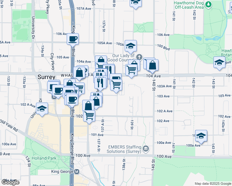 map of restaurants, bars, coffee shops, grocery stores, and more near 13811 138A Street in Surrey