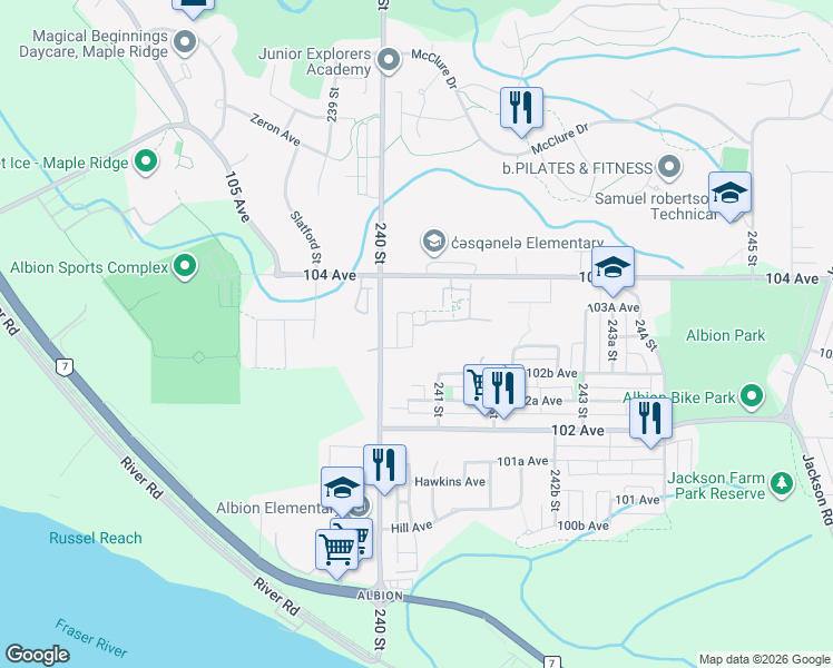map of restaurants, bars, coffee shops, grocery stores, and more near 10294 240 Street in Maple Ridge