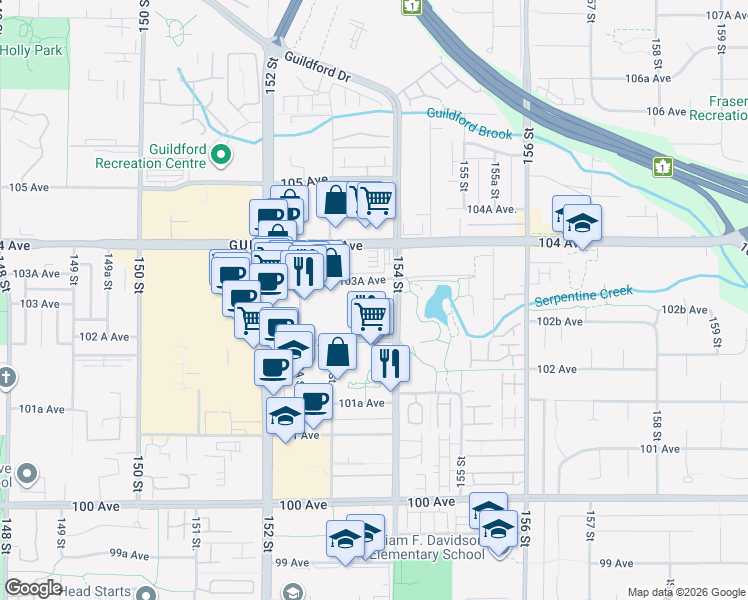 map of restaurants, bars, coffee shops, grocery stores, and more near in Surrey