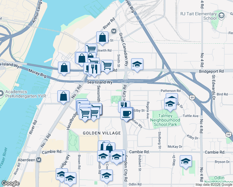 map of restaurants, bars, coffee shops, grocery stores, and more near in Richmond