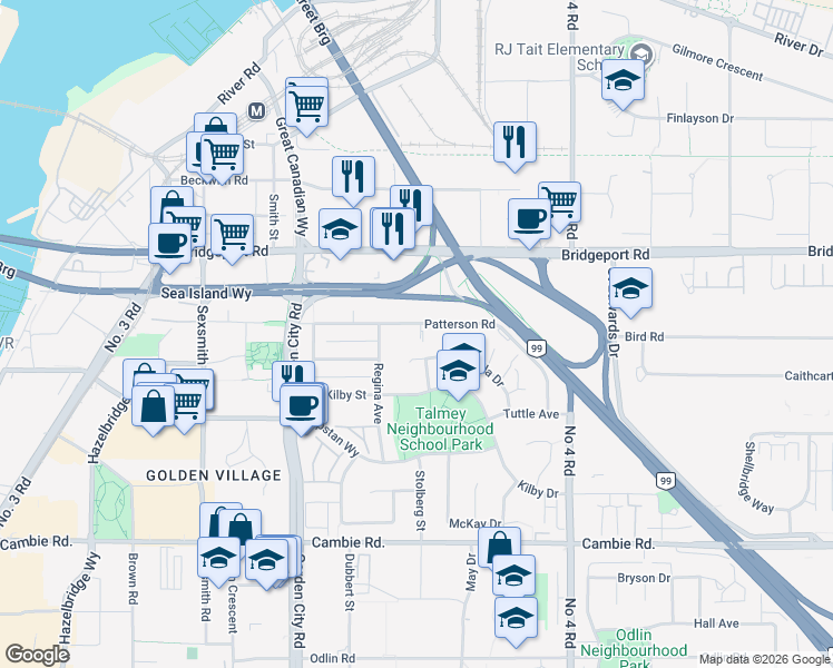 map of restaurants, bars, coffee shops, grocery stores, and more near 9480 Patterson Road in Richmond