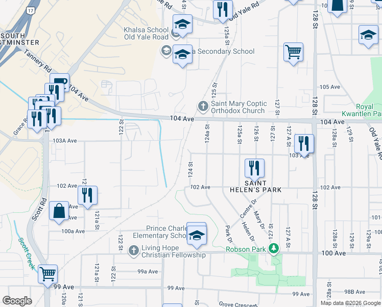 map of restaurants, bars, coffee shops, grocery stores, and more near 124 St & 103 Ave in Surrey