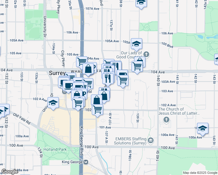 map of restaurants, bars, coffee shops, grocery stores, and more near 13756 103 Avenue in Surrey