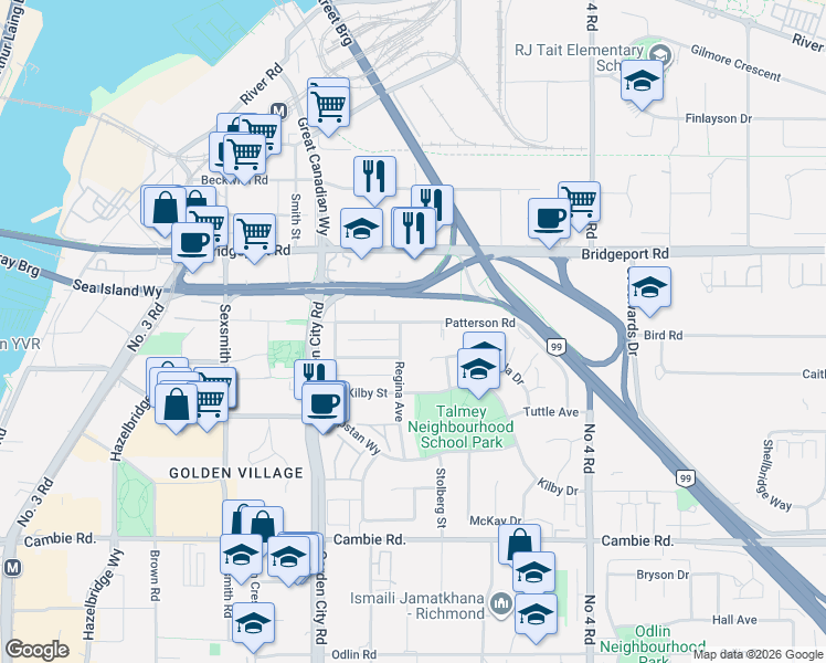 map of restaurants, bars, coffee shops, grocery stores, and more near 9400 Patterson Road in Richmond