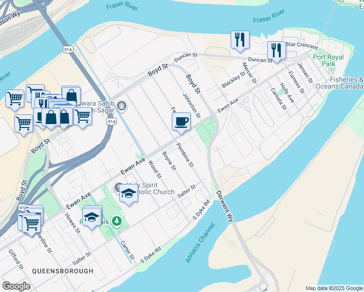 map of restaurants, bars, coffee shops, grocery stores, and more near 251 Pembina Street in New Westminster