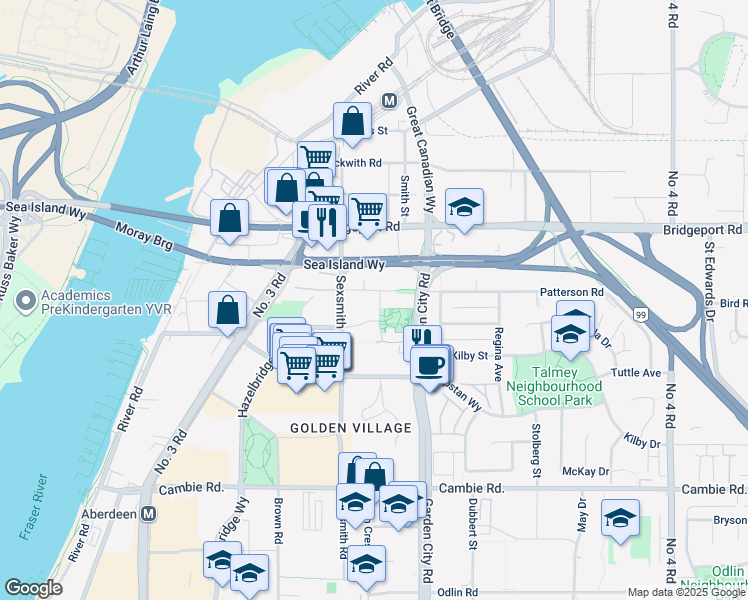map of restaurants, bars, coffee shops, grocery stores, and more near 3131 Ketcheson Road in Richmond