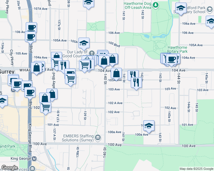map of restaurants, bars, coffee shops, grocery stores, and more near 10320 140 Street in Surrey