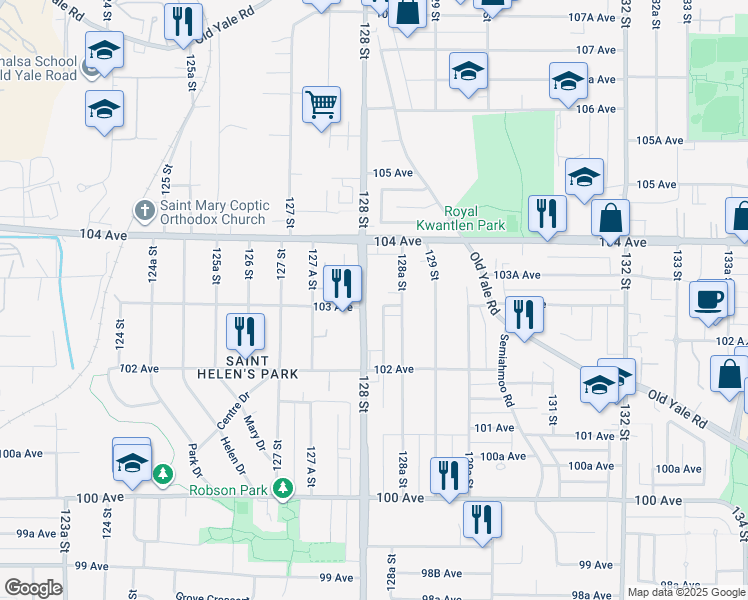 map of restaurants, bars, coffee shops, grocery stores, and more near 10304 128 Street in Surrey