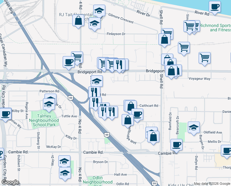 map of restaurants, bars, coffee shops, grocery stores, and more near 10280 Bird Road in Richmond