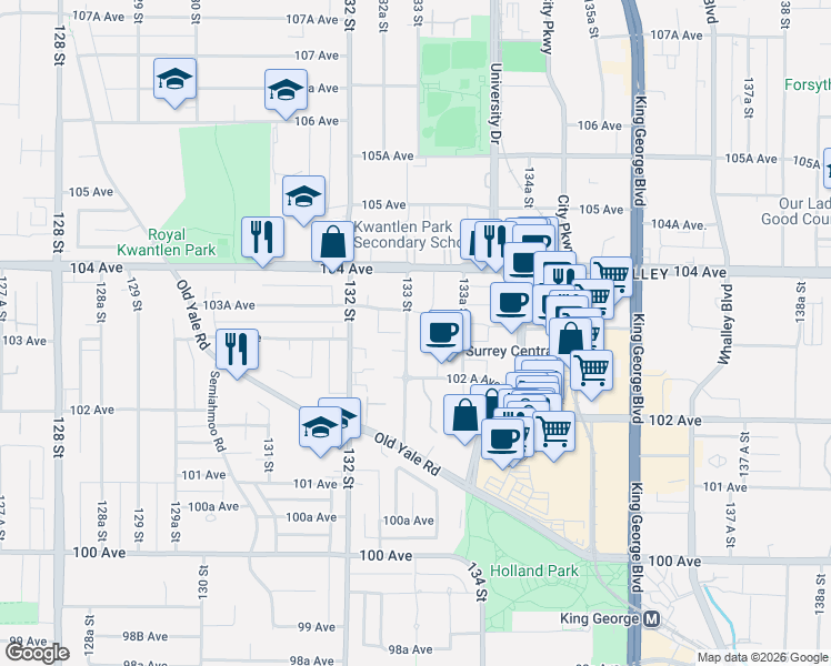 map of restaurants, bars, coffee shops, grocery stores, and more near in Surrey