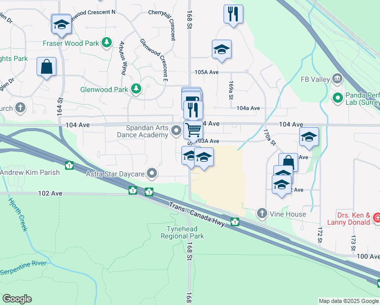 map of restaurants, bars, coffee shops, grocery stores, and more near 168 Street in Surrey