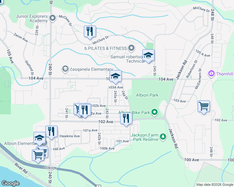 map of restaurants, bars, coffee shops, grocery stores, and more near 10328 243A Street in Maple Ridge