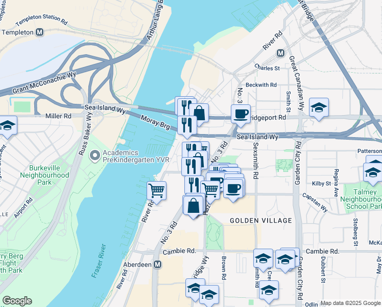 map of restaurants, bars, coffee shops, grocery stores, and more near Corvette Way in Richmond