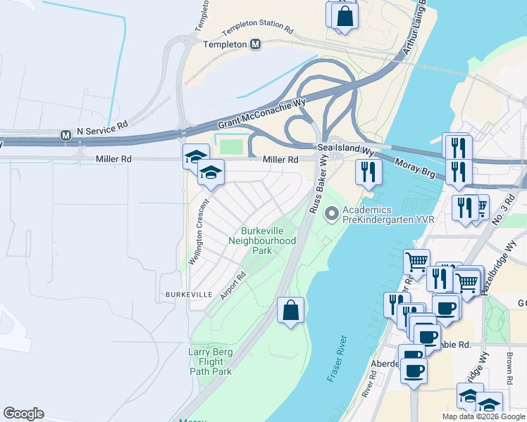 map of restaurants, bars, coffee shops, grocery stores, and more near 2171 Catalina Crescent in Richmond