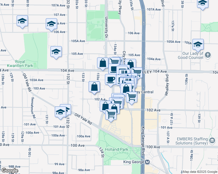 map of restaurants, bars, coffee shops, grocery stores, and more near in Surrey