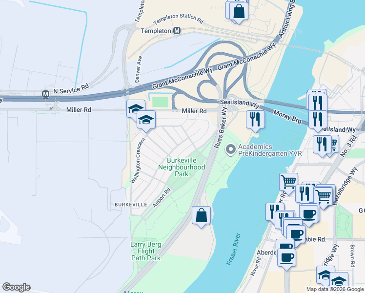 map of restaurants, bars, coffee shops, grocery stores, and more near 2240 Douglas Crescent in Richmond