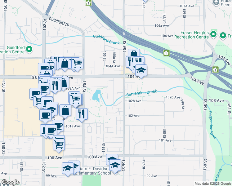 map of restaurants, bars, coffee shops, grocery stores, and more near 10308 155A Street in Surrey