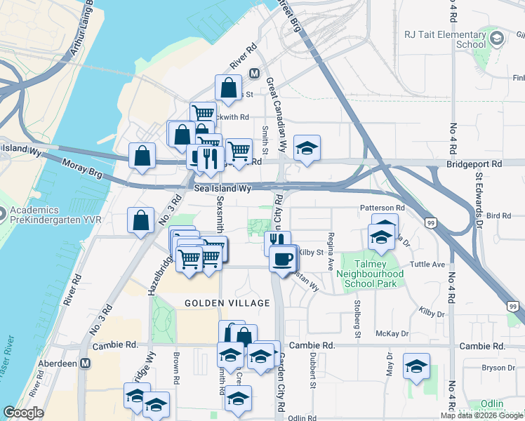 map of restaurants, bars, coffee shops, grocery stores, and more near in Richmond