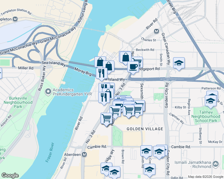 map of restaurants, bars, coffee shops, grocery stores, and more near 8160 McMyn Way in Richmond