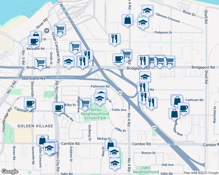 map of restaurants, bars, coffee shops, grocery stores, and more near 9700 Patterson Road in Richmond