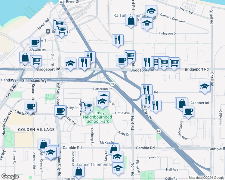 map of restaurants, bars, coffee shops, grocery stores, and more near 9700 Patterson Road in Richmond