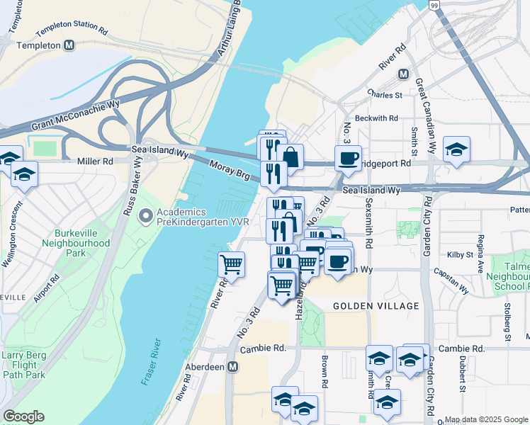 map of restaurants, bars, coffee shops, grocery stores, and more near 3333 Corvette Way in Richmond