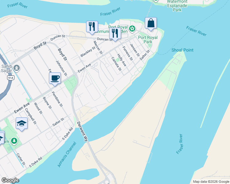 map of restaurants, bars, coffee shops, grocery stores, and more near 310 Salter Street in New Westminster