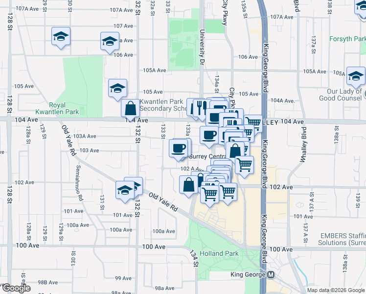 map of restaurants, bars, coffee shops, grocery stores, and more near 13350 Central Avenue in Surrey