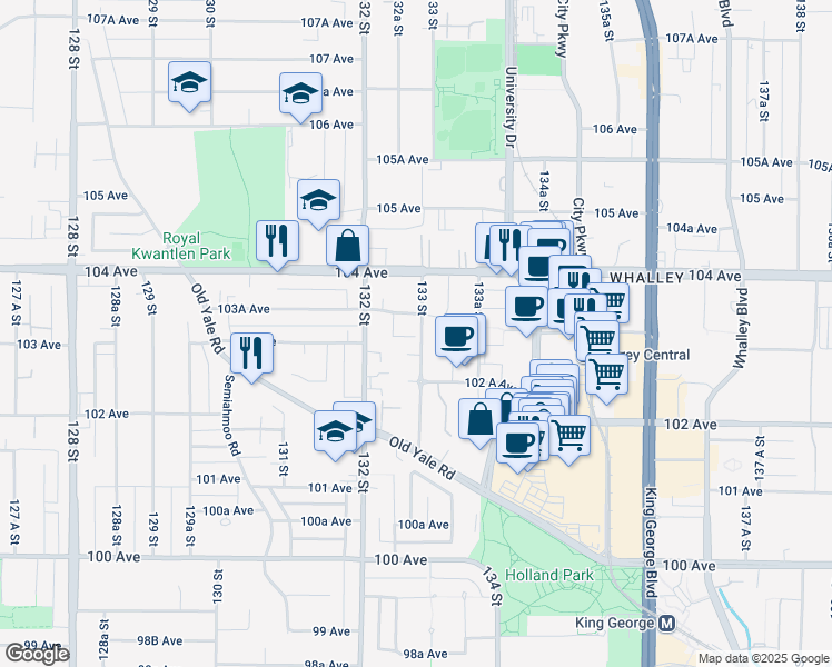 map of restaurants, bars, coffee shops, grocery stores, and more near in Surrey
