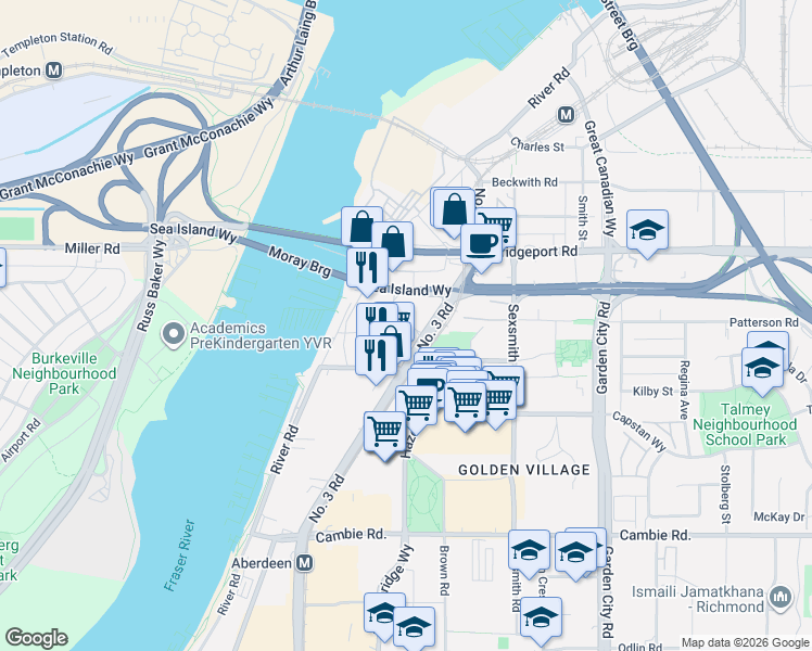 map of restaurants, bars, coffee shops, grocery stores, and more near in Richmond