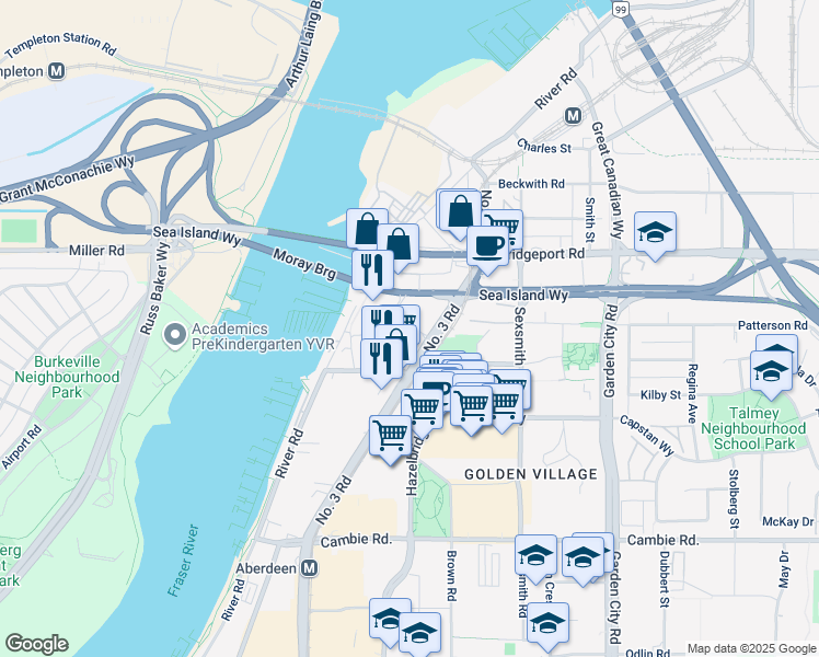 map of restaurants, bars, coffee shops, grocery stores, and more near in Richmond