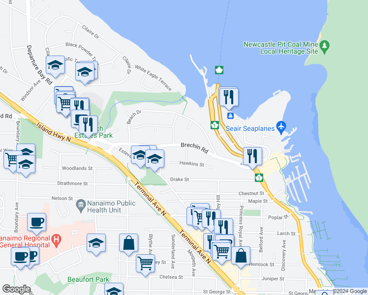 map of restaurants, bars, coffee shops, grocery stores, and more near 1930 Bayview Avenue in Nanaimo