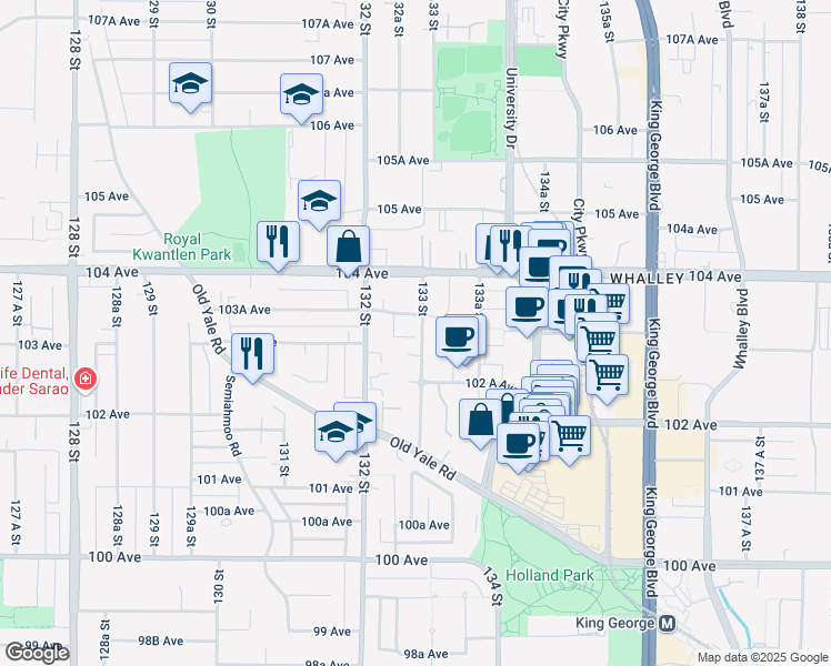 map of restaurants, bars, coffee shops, grocery stores, and more near in Surrey