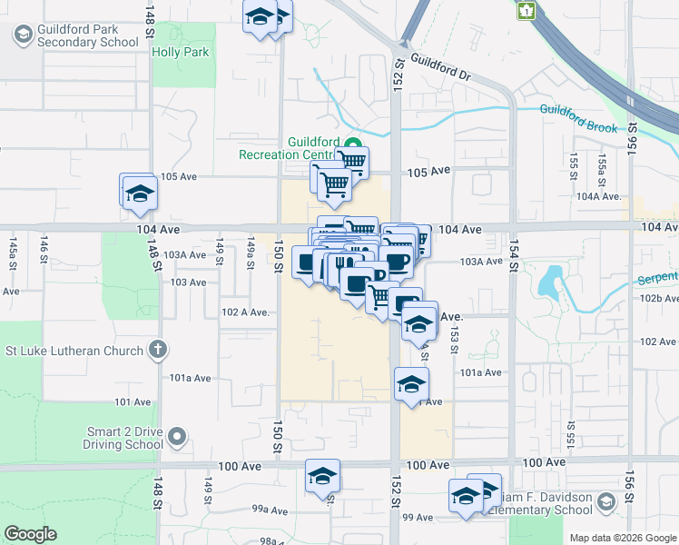 map of restaurants, bars, coffee shops, grocery stores, and more near in Surrey