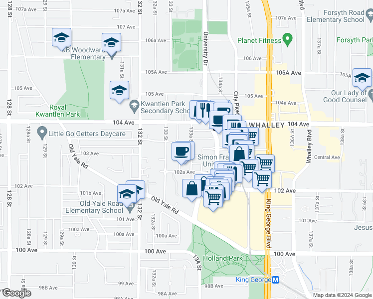 map of restaurants, bars, coffee shops, grocery stores, and more near 13350 Central Avenue in Surrey