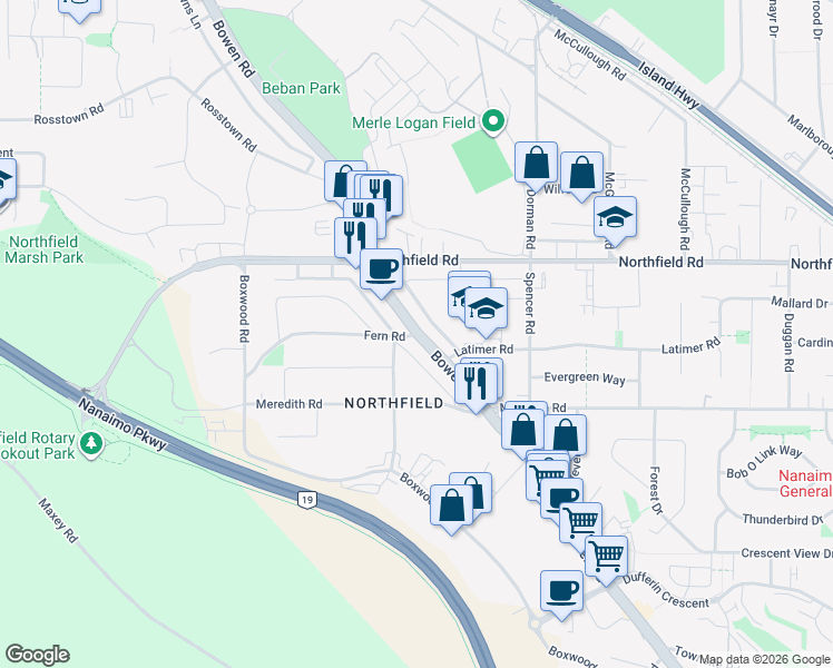 map of restaurants, bars, coffee shops, grocery stores, and more near Bowen Road & Fern Road in Nanaimo