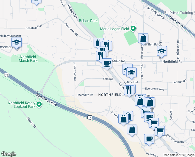 map of restaurants, bars, coffee shops, grocery stores, and more near Fern Road in Nanaimo