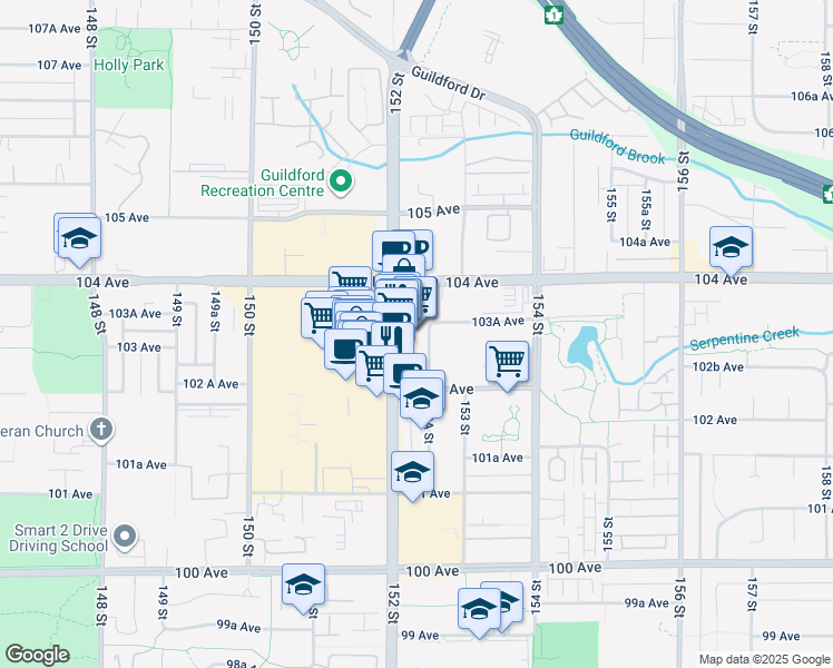 map of restaurants, bars, coffee shops, grocery stores, and more near 10330 152 Street in Surrey