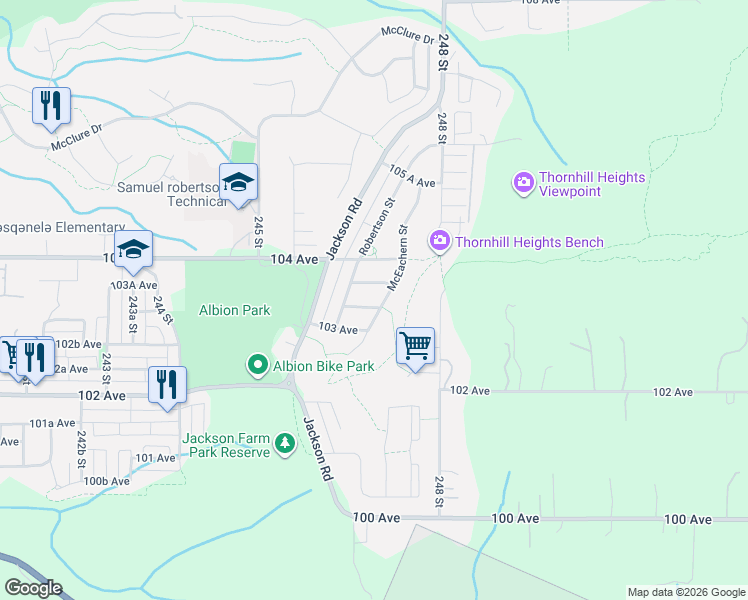 map of restaurants, bars, coffee shops, grocery stores, and more near 24699 103A Avenue in Maple Ridge