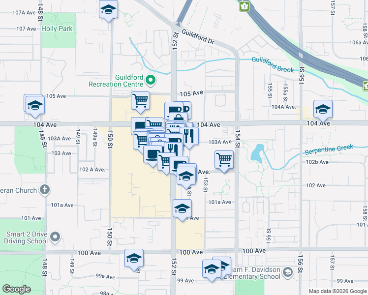map of restaurants, bars, coffee shops, grocery stores, and more near 10330 152 Street in Surrey